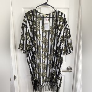 Striped leaf kimono with fringe